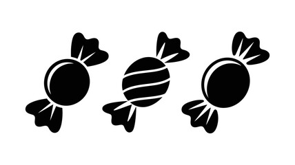 Simple black and white silhouette icon set showing three wrapped candies