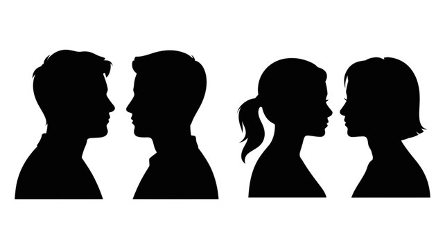 Contrasting black silhouettes of male and female profiles facing each other