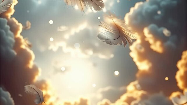 Ethereal flight through heavenly clouds concept. A delicate feather floats amidst luminous clouds, evoking a sense of peace and spirituality.