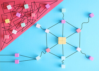 complex business management or organization, chaotic decision tree, complicated business process and achieving profits and innovation at last. Free copy space.