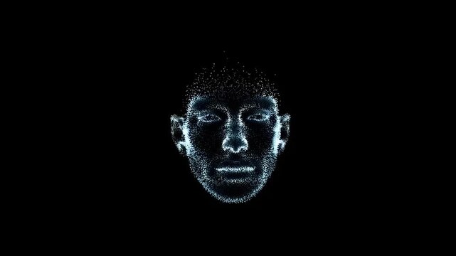 Digital face transformation with particle animation in motion