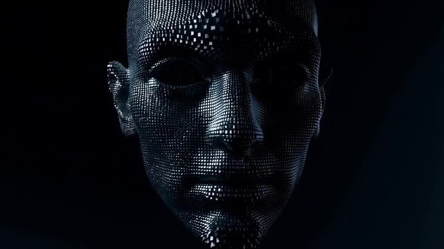 Digital face transformation: futuristic abstract head with moving geometric patterns
