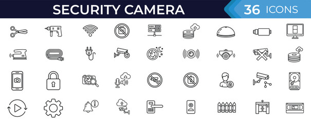 Security outline icon set. Camera, cctv, surveillance, monitor, recording, protection, control, access, system, safety outline vector illustration