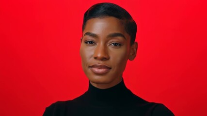 Graceful confidence: closeup expression changes on bold red background