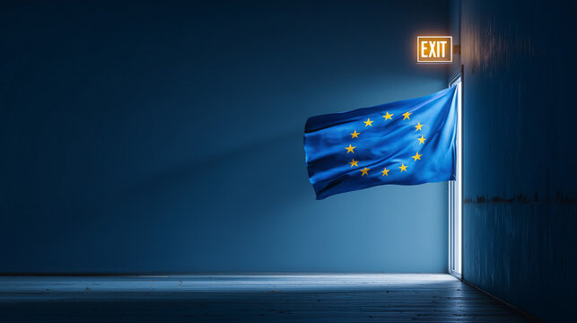eu flag with exit sign waving european union sign