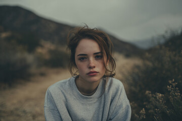 Caucasian teenager on hillside trail, softly lit with subtle anxiety cues and a quiet, reflective mood. Caucasian female teenager, girl, sitting outdoors in nature, thinking about something. Depressed