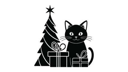 Festive black cat with Christmas tree and gifts