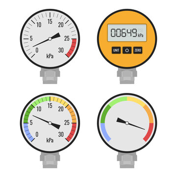 Industrial pressure gauges and digital meter. Measuring instruments for engineering diagrams, manufacturing dashboard interfaces, gas or liquid pipeline designs, and technical manuals