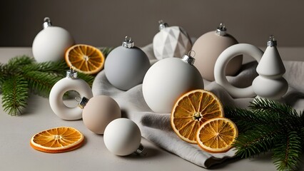 Festive christmas ornaments dried oranges and evergreen branches in a still life arrangement