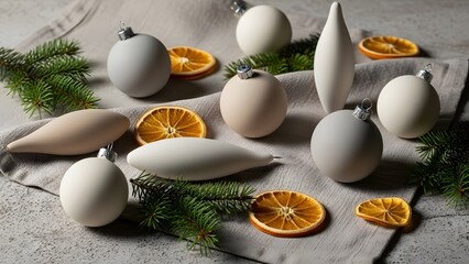 A serene still life featuring matte christmas ornaments citrus and evergreen foliage