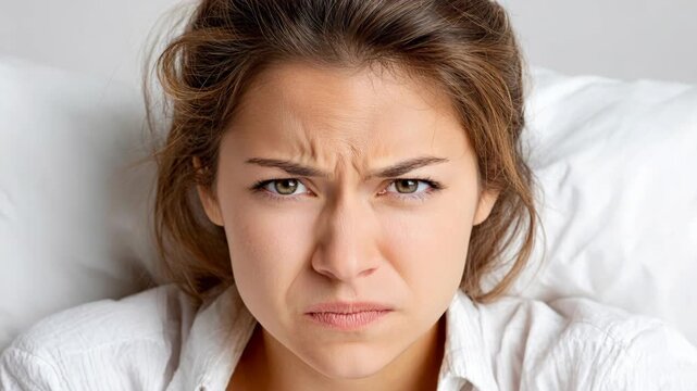 A close-up shot of a young woman making a disgusted face, scrunching her nose and frowning.