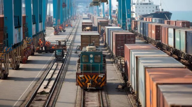Freight train loaded with shipping containers at a busy port with cranes and a ship in the background
