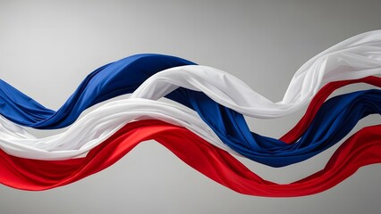 Flowing ribbons of red white and blue against a neutral background