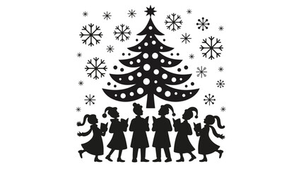 Children dancing around decorated Christmas tree in winter wonderland scene
