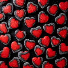 A delightful arrangement of heart shaped cookies with red filling and gray edges