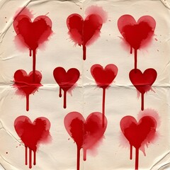 Crimson hearts with dripping paint on a textured aged paper background