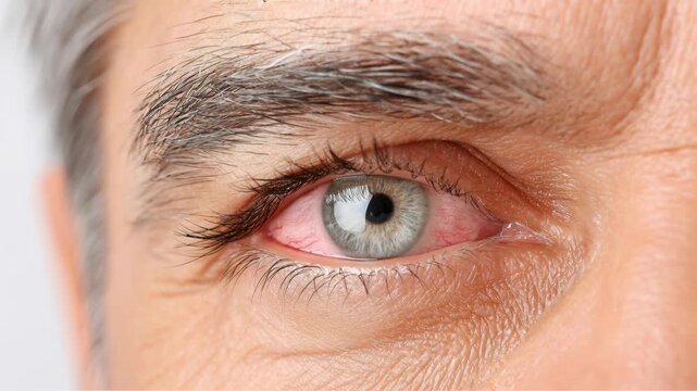 Extreme close up of a red and irritated eye, showing the pupil and iris with bloodshot whites.