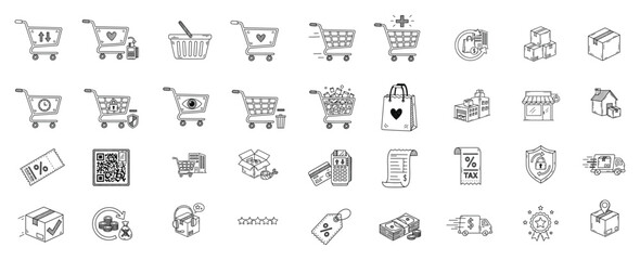 Shopping outline icon set. Cart, basket, bag, purchase, payment, checkout, retail, store, ecommerce, commerce line vector illustration