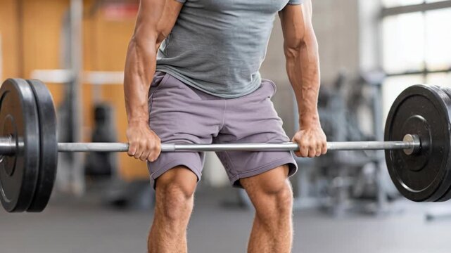 A fit man strains to lift a heavy barbell during a deadlift exercise in a gym.