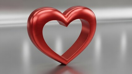 A polished crimson red heart shape with a reflective surface in a gray setting