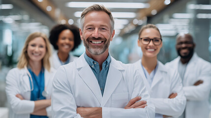 Fototapeta premium A diverse team of healthcare professionals in lab coats stands confidently together in a hospital hallway, smiling at the camera.