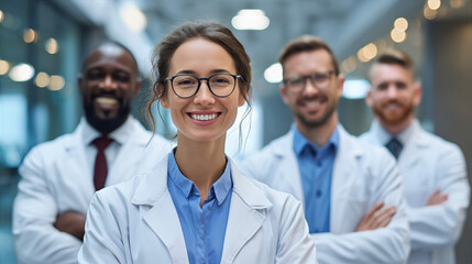Fototapeta premium A confident young female doctor wearing glasses stands with arms crossed in front of a smiling, diverse medical team in a clinic hallway.