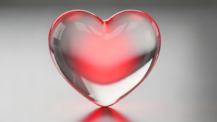 A glossy red glass heart with a reflective surface and a dark background