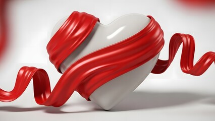 A white heart elegantly wrapped with a flowing vibrant red ribbon