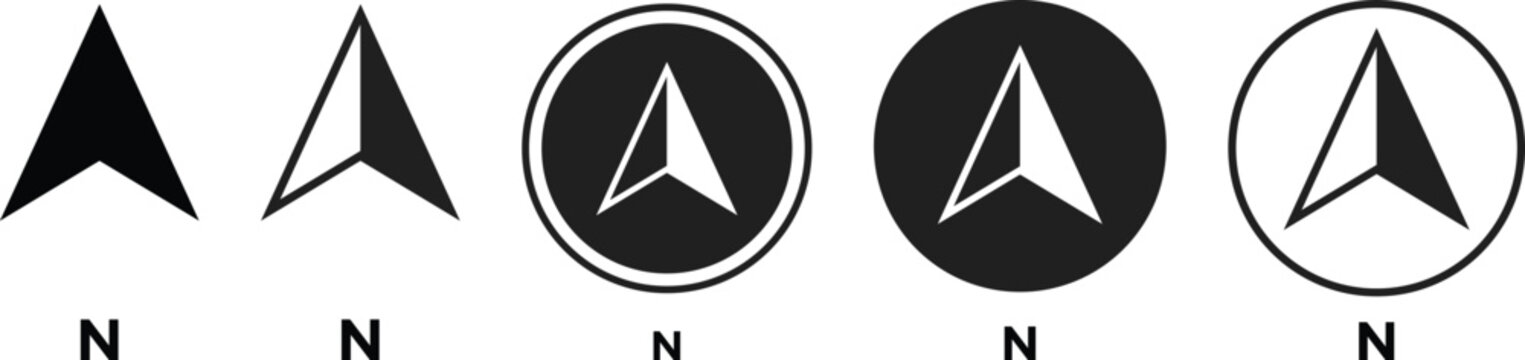 north direction icon set. Compass north symbols. Downward arrow graphic design. Map and location indicators. Down arrow symbols
