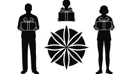 Silhouettes of people holding gifts with decorative symbol
