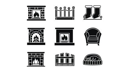 Cozy home icons with fireplaces and Christmas decorations