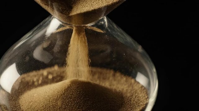 Close up of a glass hourglass with golden sand flowing on a black background with dramatic lighting symbolizing the passage of time