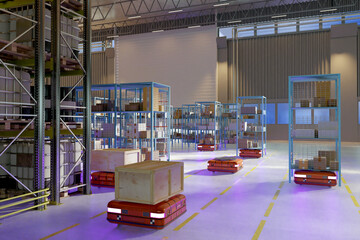 Automated warehouse logistics moves crates with mobile robots between storage racks. Smart...