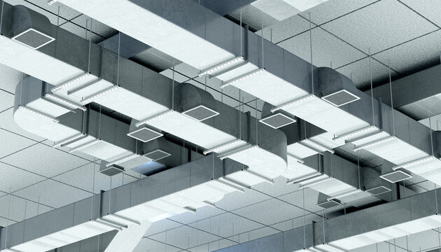 HVAC engineering installs suspended ventilation ducts and air distribution systems in a commercial building. Climate control, air conditioning design and mechanical infrastructure planning.