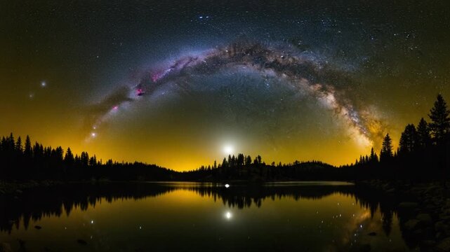 Vast Milky Way Galaxy Arching Over Calm Lake and Pine Forest Under Night Sky