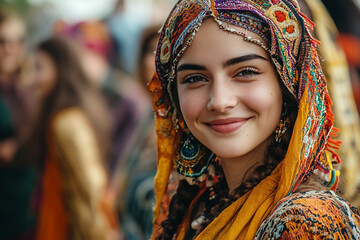 Fototapeta premium Colorful generative ai portrait of a smiling person at a vibrant celebration with rainbow elements