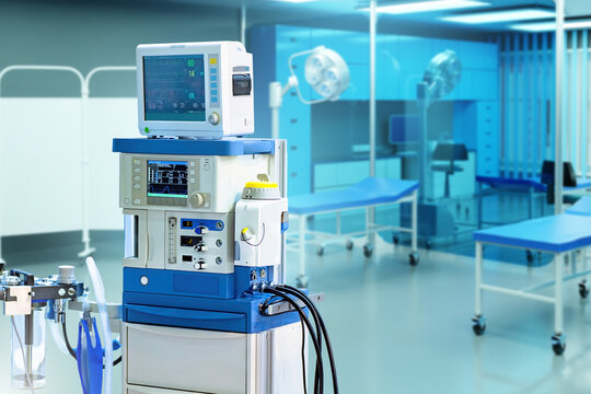 Healthcare, medical equipment. Modern anesthesia machine stands in a sterile operating room, monitoring patient vitals, supporting surgery, intensive care, and clinical procedures. - Powered by Adobe