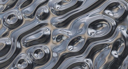 Abstract Silver Metallic Surface with Circular Indentations and Wavy Lines.