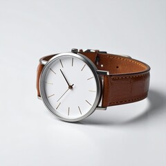 Sleek, minimalist wristwatch with a simple white face and light brown leather band