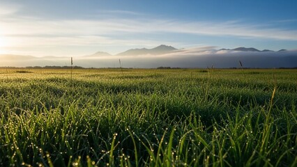 Vibrant green grass field covered in morning dew with misty mountains at sunrise.