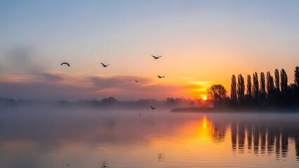 Serene Lake at Sunrise with Migrating Birds