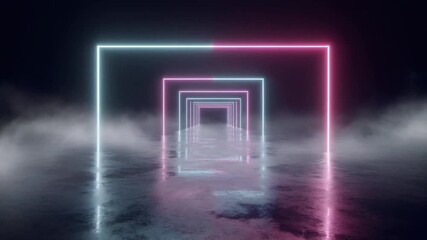 Futuristic Neon Light Tunnel Abstract Background with Glowing Squares.