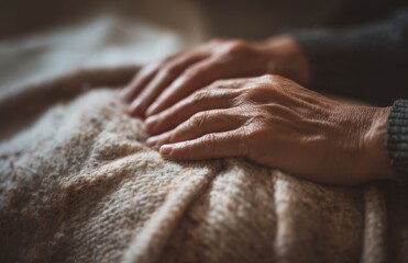Fototapeta premium Close up hands covering bed with textured wool blanket