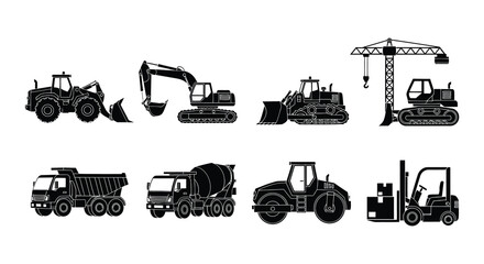 Construction equipment silhouettes excavators dump trucks and concrete mixers shown in black © Nayem