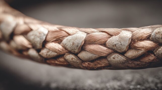 Closeup of flexible braided copper wire shielding applied as EMI protection on a thick circular electrical cable emphasizing durability and conductivity.