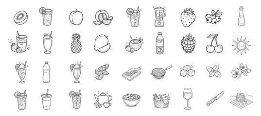 Spring fruits doodle icon set. Drink, juice, smoothie, fruit, beverage, refreshment, healthy, natural, seasonal hand drawn vector illustration