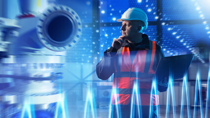 Industrial automation, process monitoring. Engineer in safety gear analyzes equipment performance on a laptop inside a production facility, optimizing systems and operational efficiency.