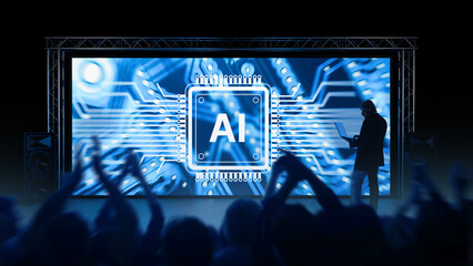 Technology conference, AI presentation. Specialist demonstrates artificial intelligence systems on a large digital screen, showcasing innovation, computing power, and future technologies.