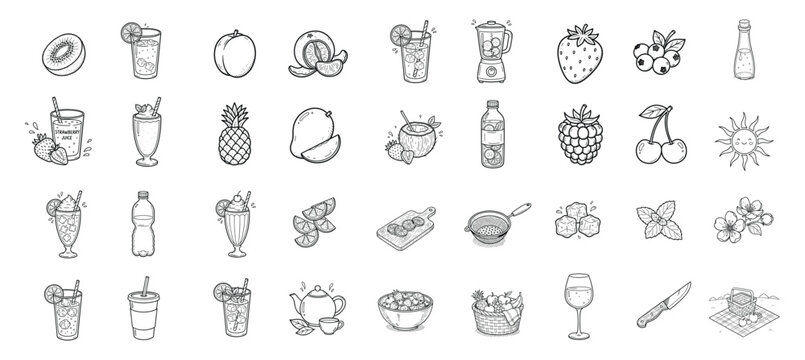 Spring fruits doodle icon set. Drink, juice, smoothie, fruit, beverage, refreshment, healthy, natural, seasonal hand drawn vector illustration