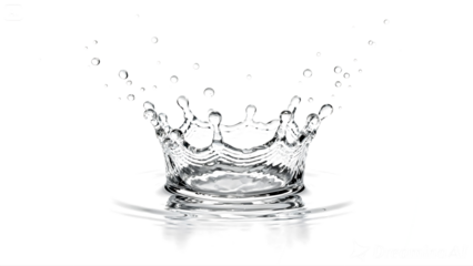 A high-speed photograph captures a water splash forming the shape of a crown against a black background isolated on transparent background